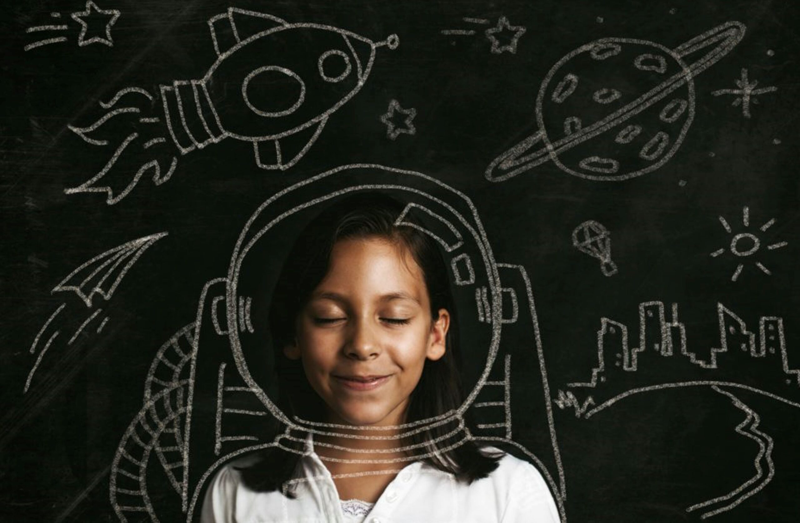 Kid in spacesuit with cosmic doodles backdrop