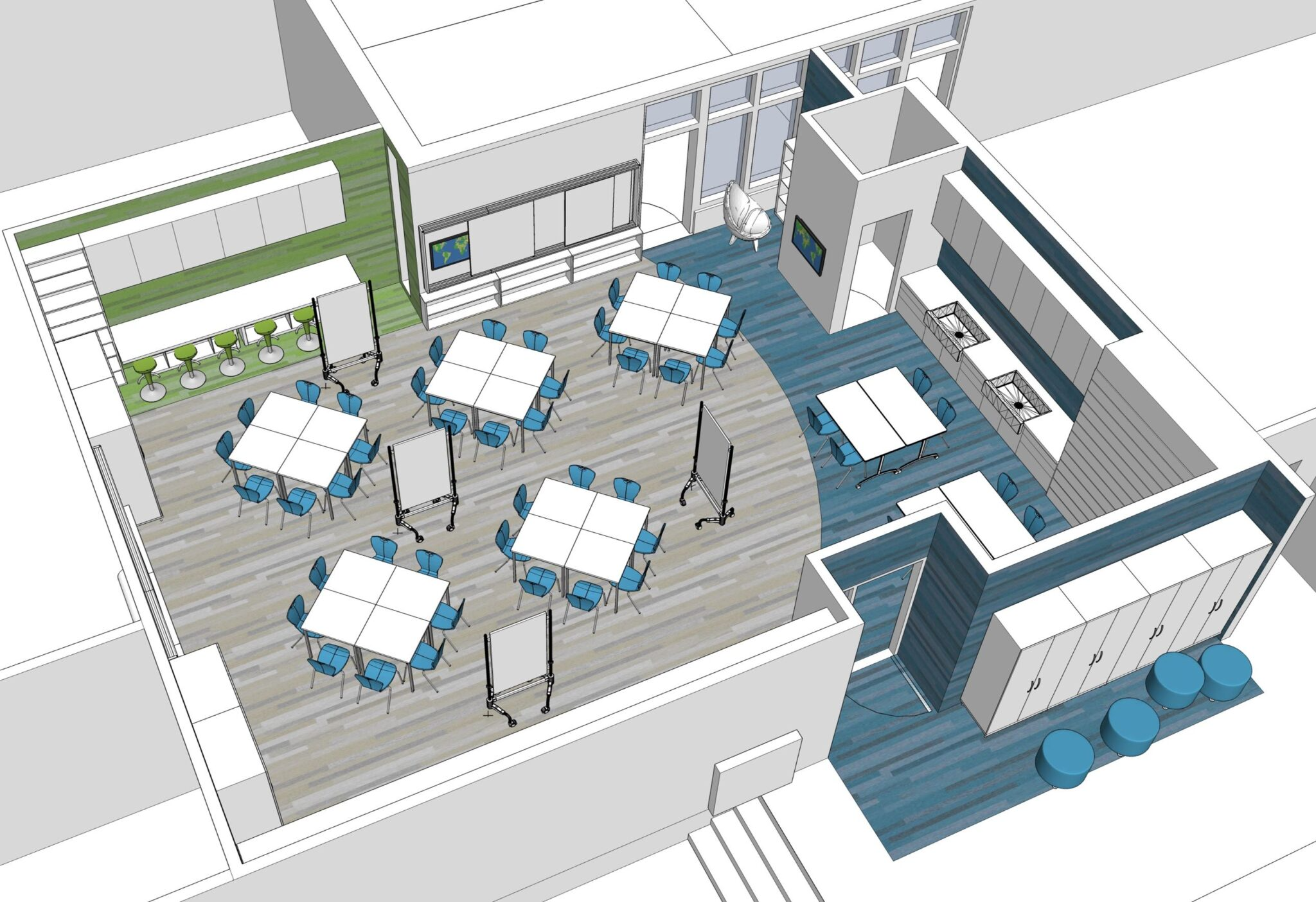Open-plan workspace design with tables