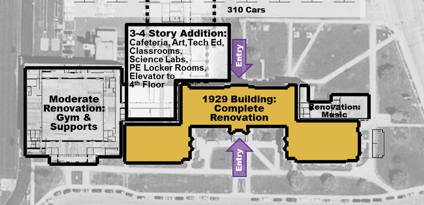 Renovation plan showing additions and entries